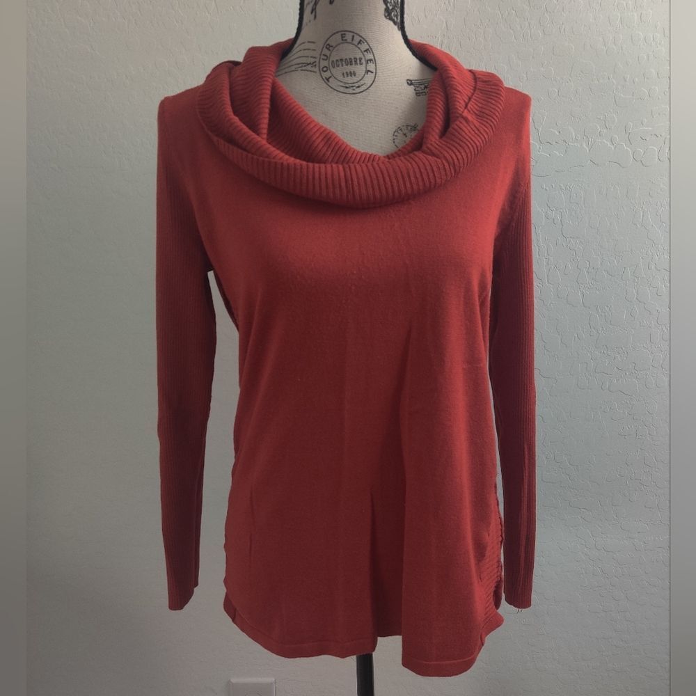 Roz & Ali Rust burnt orange Cowl Neck Turtleneck Sweater Cozycore Fall Winter_LG